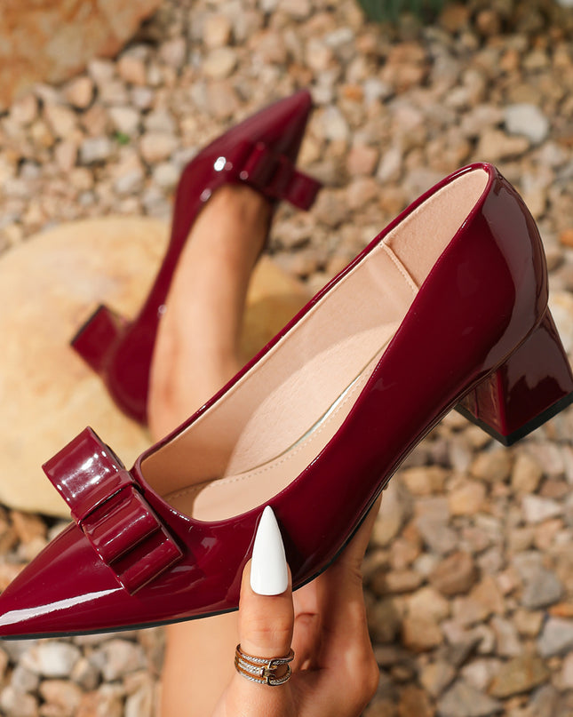 Spring Pointed-toe Bowknot High Heels Wine-red