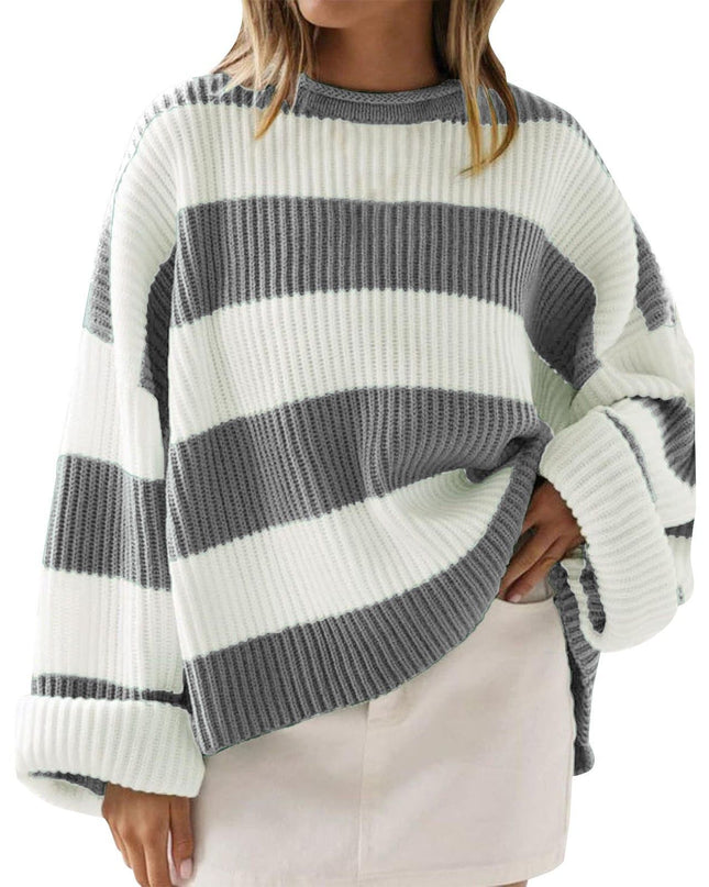 Loose Striped Sweater Fashion Casual Long Batwing Sleeve Round Neck Pullover Knit Tops Women Clothing