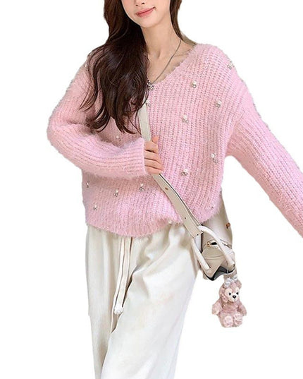 Women's Heavy Industry Beaded Loose Red New Year Pullover Sweater