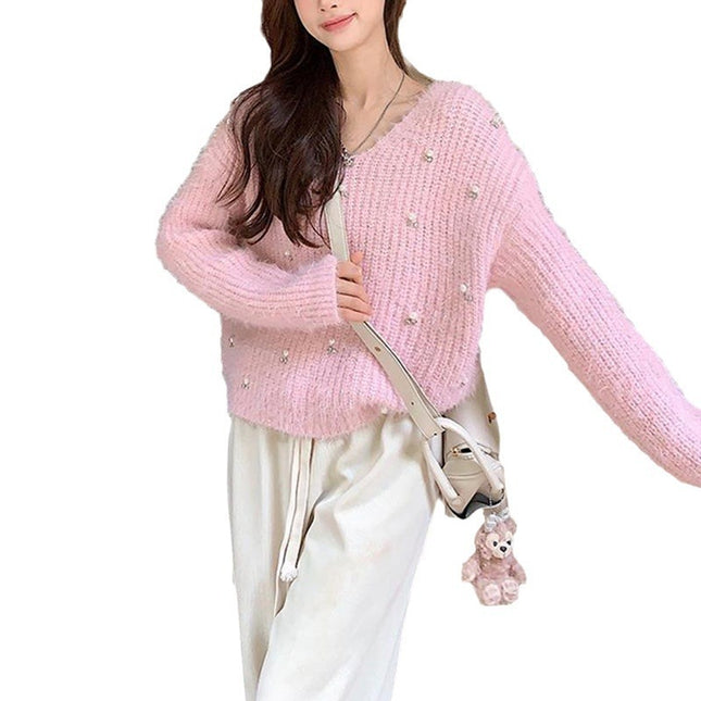 Women's Heavy Industry Beaded Loose Red New Year Pullover Sweater