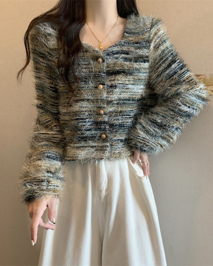 Soft Korean Style Square Collar Fur Design Striped Long Sleeve Sweater