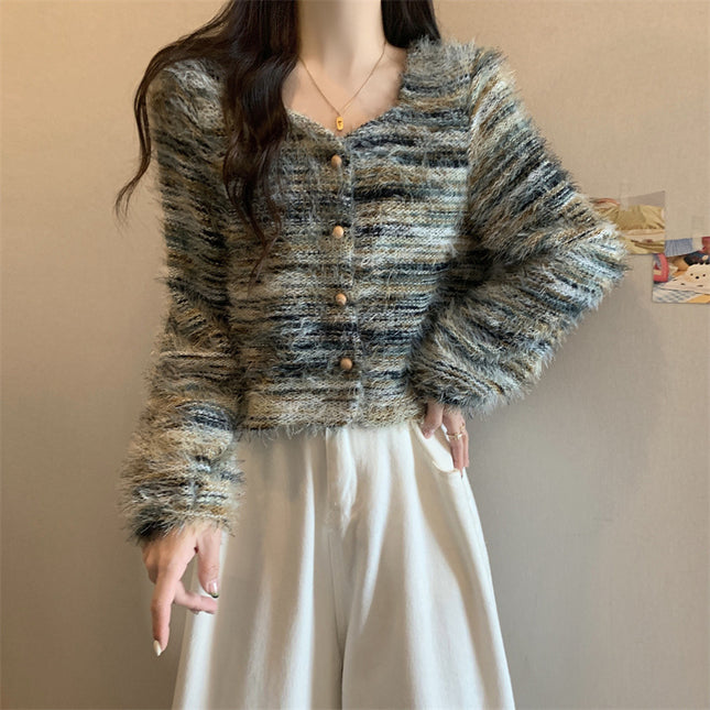 Soft Korean Style Square Collar Fur Design Striped Long Sleeve Sweater