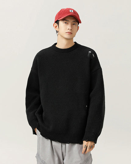 Retro Hollow-out Ripped Design Round Neck Sweater