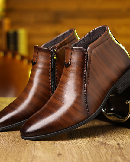 Men's Pointed White Striped Embossed Side Zipper Leather Ankle Boots