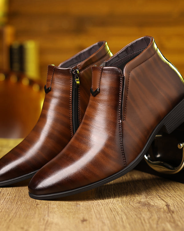 Men's Pointed White Striped Embossed Side Zipper Leather Ankle Boots