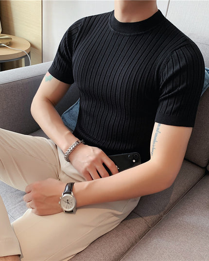 Thin Solid Color Half Turtleneck Dark Stripe Knit Short Sleeves