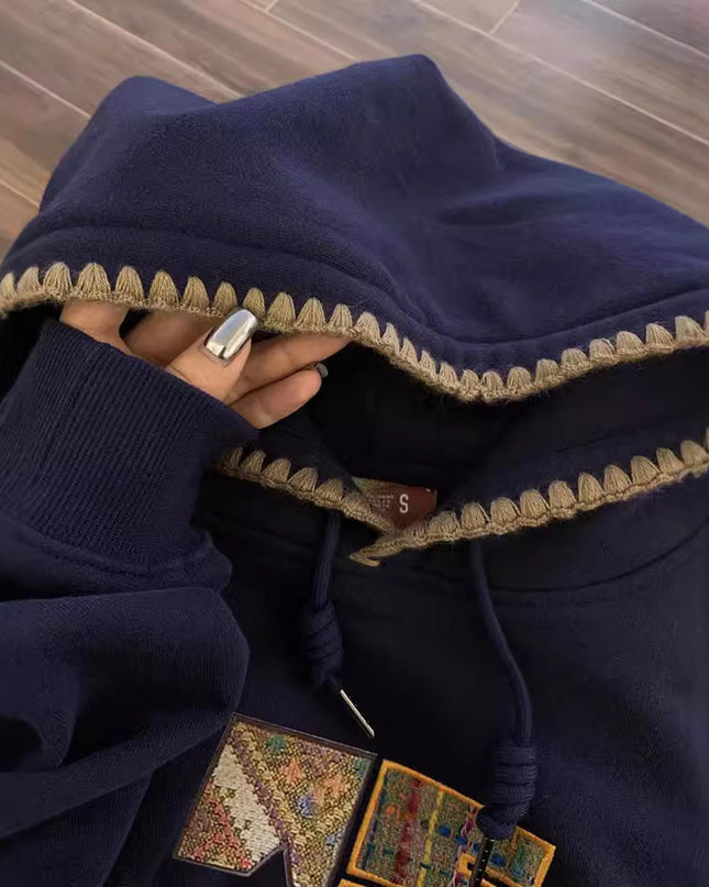 Retro Ethnic Style Woven Patch Versatile Loose Hooded Sweater