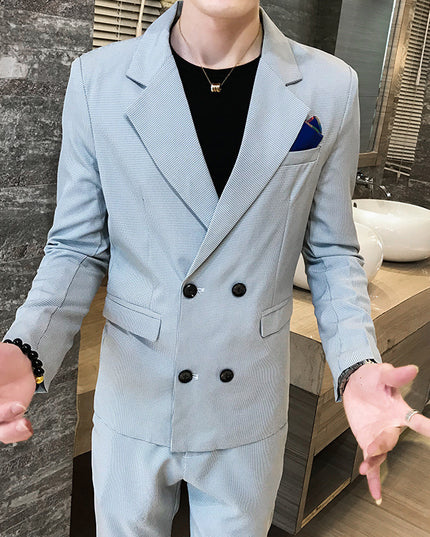Korean-style Slim-fit Solid Color Double-breasted Two-piece Suit