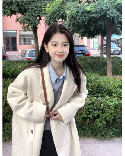 Design Sense Oatmeal Color Small Woolen Overcoat Women's Coat