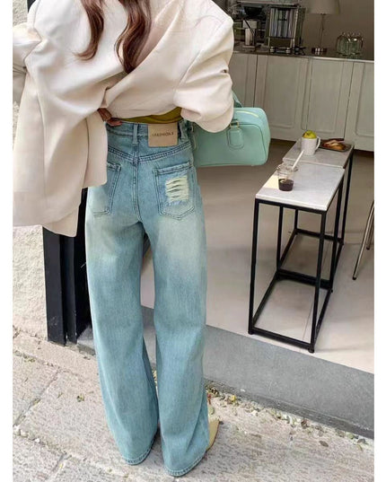 Ripped Narrow Version Wide-leg Loose Drape Mopping Pants Hot Girl High Waist Women's Straight Denim Trousers