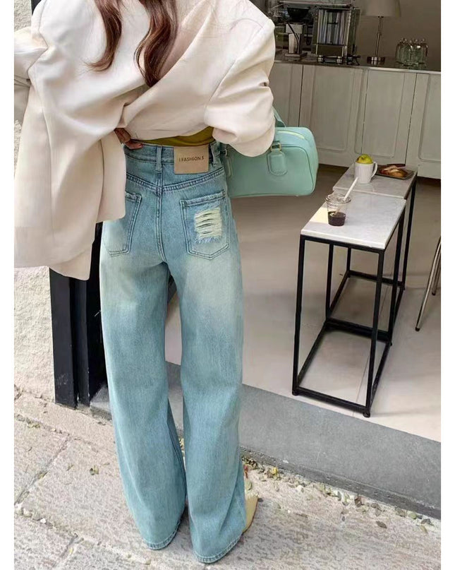 Ripped Narrow Version Wide-leg Loose Drape Mopping Pants Hot Girl High Waist Women's Straight Denim Trousers