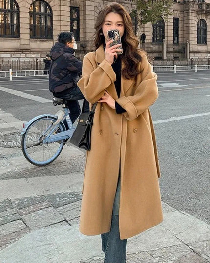 Loose Mid-length Lace-up Woolen Coat Women