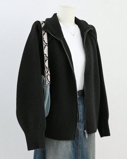 Solid Color Stand Collar Zipper Knitted Cardigan Top