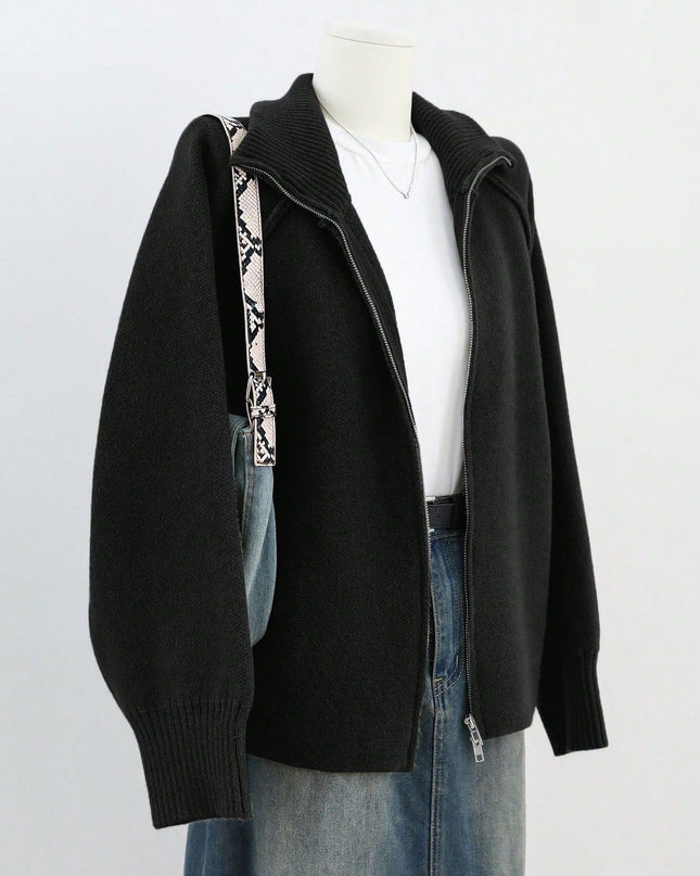 Solid Color Stand Collar Zipper Knitted Cardigan Top