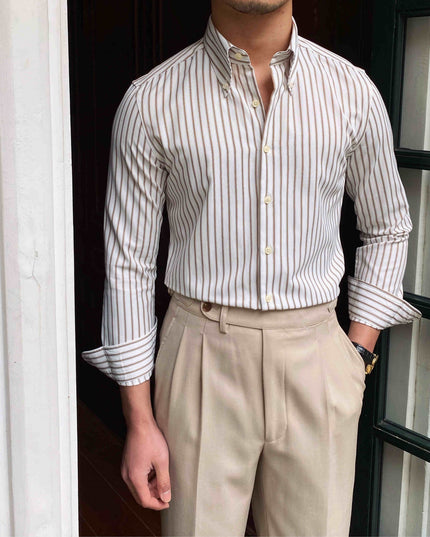 Italian Coffee Striped Casual Long Sleeved Shirt