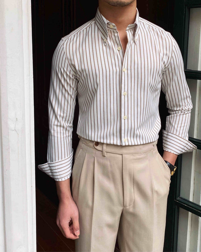 Italian Coffee Striped Casual Long Sleeved Shirt