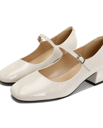 Square Toe Patent Leather Buckle With Pearl Mary Jane Shoes Women