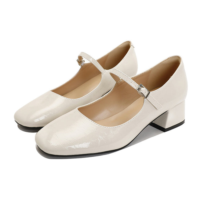 Square Toe Patent Leather Buckle With Pearl Mary Jane Shoes Women