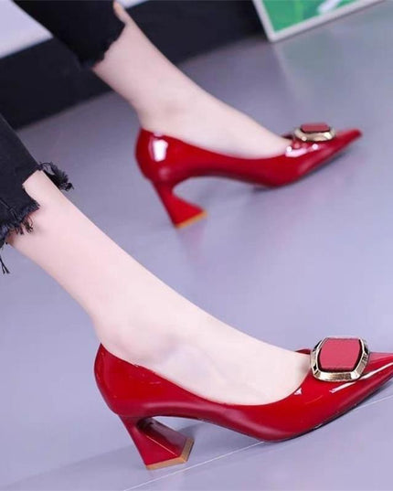 All-match Fashion Patent Leather Women's Shoes Shallow Mouth Pointed Mid Heel Women's Shoes