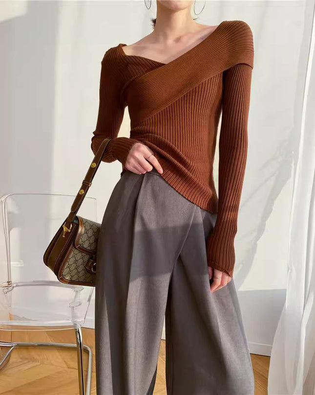 Crossbody Off-the-shoulder V-neck Cross-wire Knitted Sweater