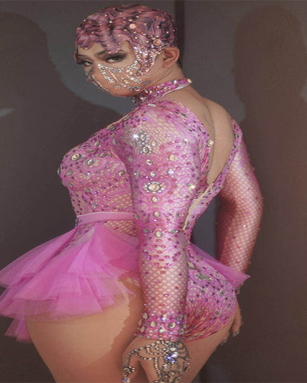 Dance Sexy Shiny Rhinestone Mesh Jumpsuit Stage Performance Costume Women