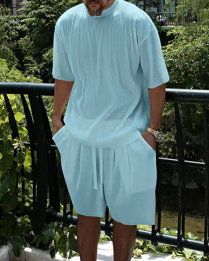 Ice Silk Sunken Stripe Loose Short Sleeve Shorts Men's Casual Suit