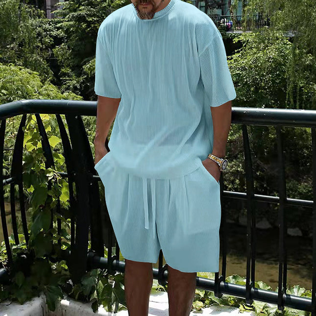 Ice Silk Sunken Stripe Loose Short Sleeve Shorts Men's Casual Suit