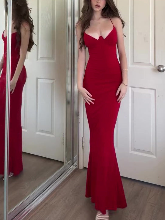 Red Sexy Tight V-neck Maxi Dress