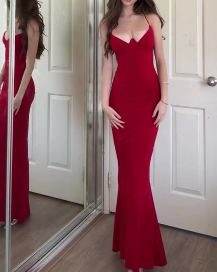 Red Sexy Tight V-neck Maxi Dress