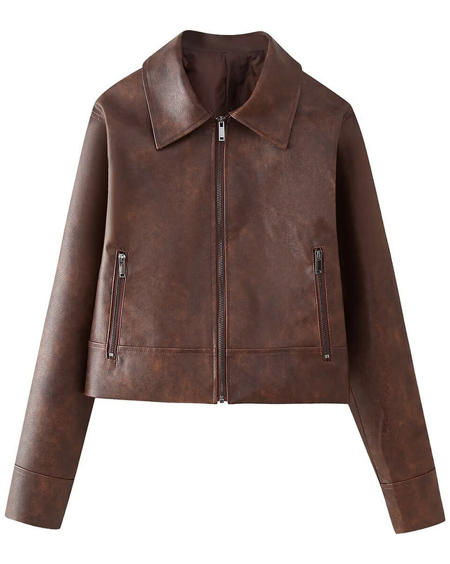 Women's Retro Lapels Long-sleeved Zipper Leather Jacket Skirt
