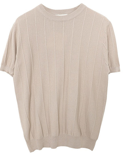 Ice Silk Knitted White Round Neck T-shirt Men's Short Sleeve
