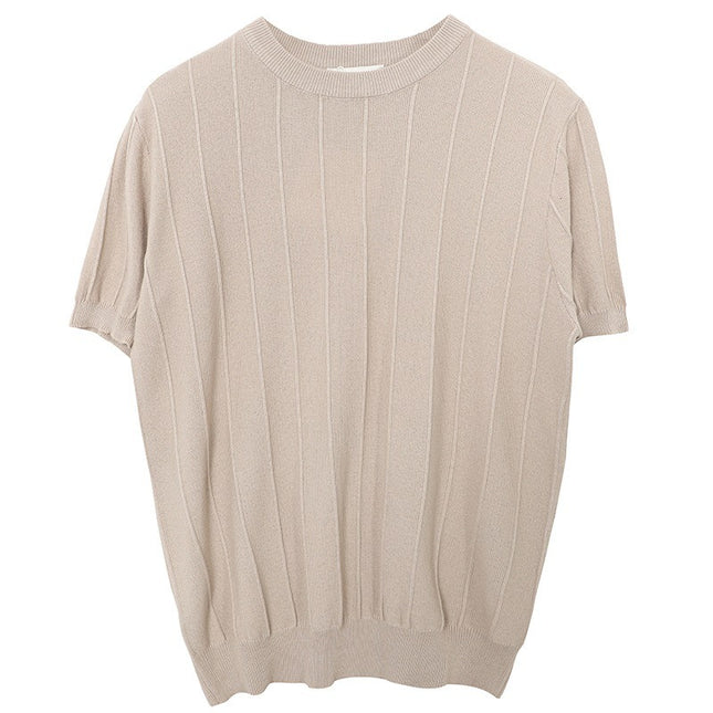 Ice Silk Knitted White Round Neck T-shirt Men's Short Sleeve
