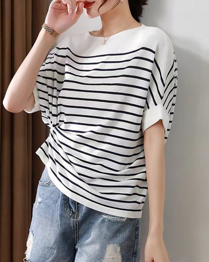Women's Off-neck Ice Silk Short Sleeve Knitwear All-match Loose Striped Top