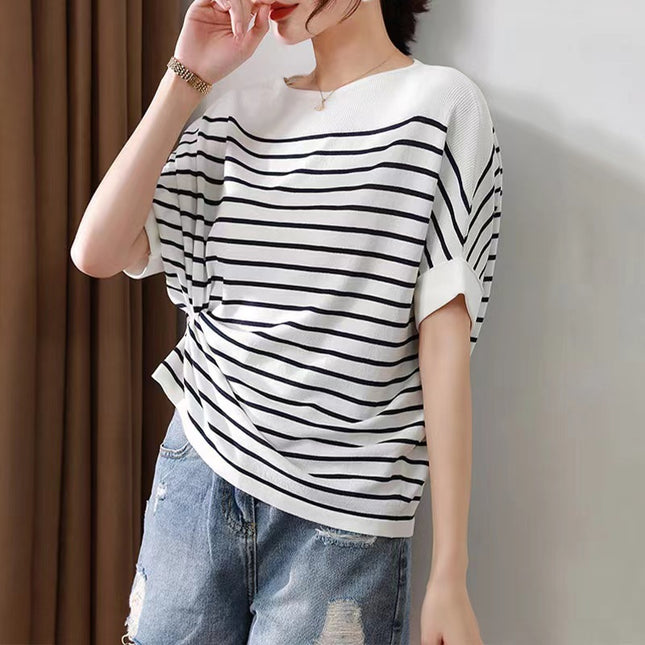 Women's Off-neck Ice Silk Short Sleeve Knitwear All-match Loose Striped Top
