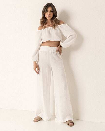 Crepe Cotton Long Sleeve Short Breathable Trousers, White Two-piece Set