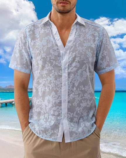 Hawaiian Jacquard Shirt Transparent Cutout Short Sleeve Thin Holiday Beach Shirt