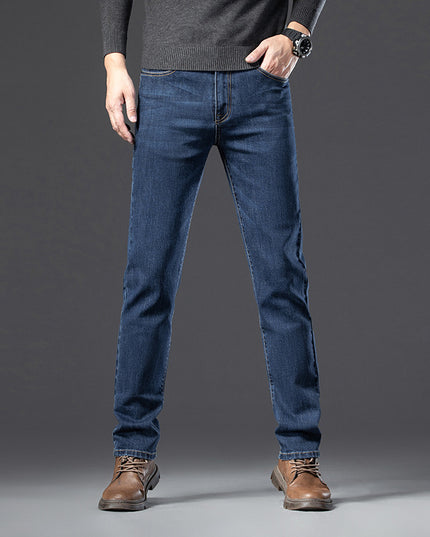 Fleece Padded Jeans Men's Straight Slim Elastic Thickening