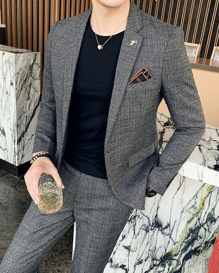 Men's Casual Suit Fashion Plaid Two-piece Set