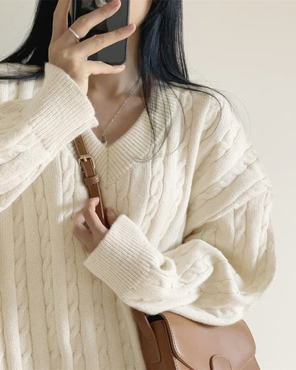 V-neck Mid-length Sweater Thick Long-sleeved Knitted Top