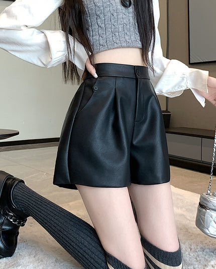 High Waist Casual Pants Brown Loose Wide-leg Leather Pants