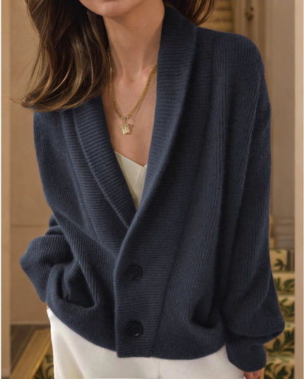 Retro Lapels Solid Color Long Sleeve Knitted Cardigan