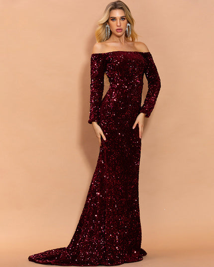 Sexy Strapless Long Sleeve Sequins Party Evening Dress