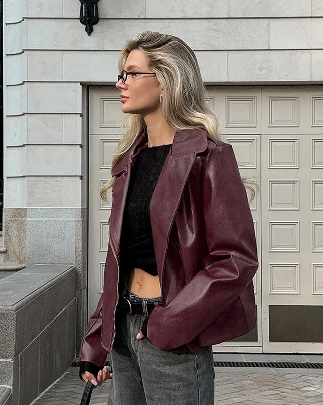 Wine Red Faux Leather Suit Collar Long Sleeve Jacket