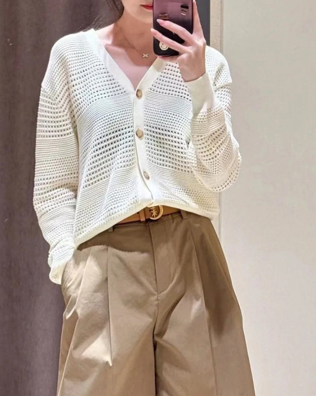 White Dignified Hollow Cardigan Outer Wear Sweater