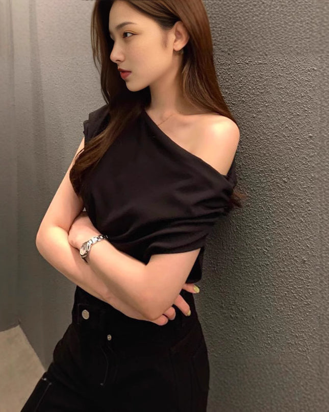 Irregular Shoulder Design Loose Solid Color Pullover Short Sleeve T-shirt