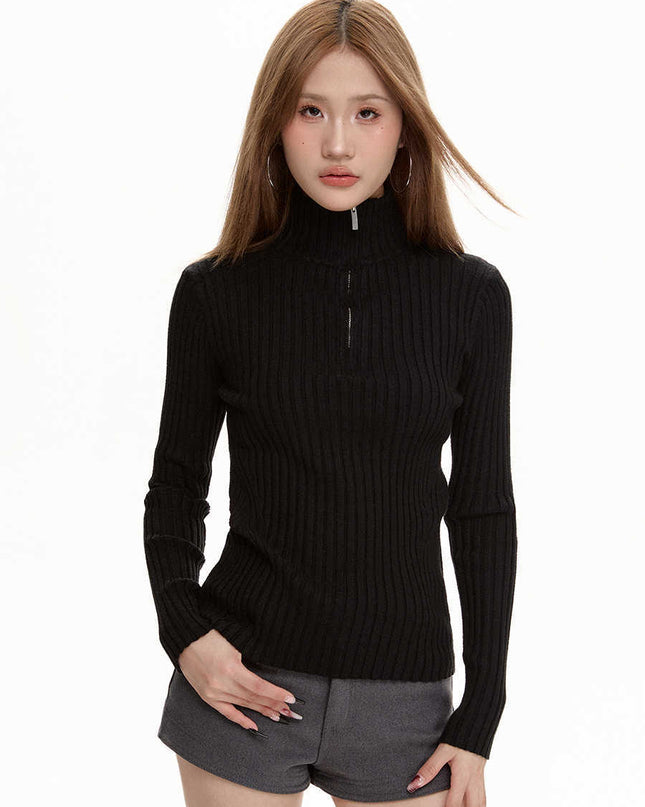 Black Long Sleeve Turtleneck Sweater Zipper Thickening Bottoming Shirt