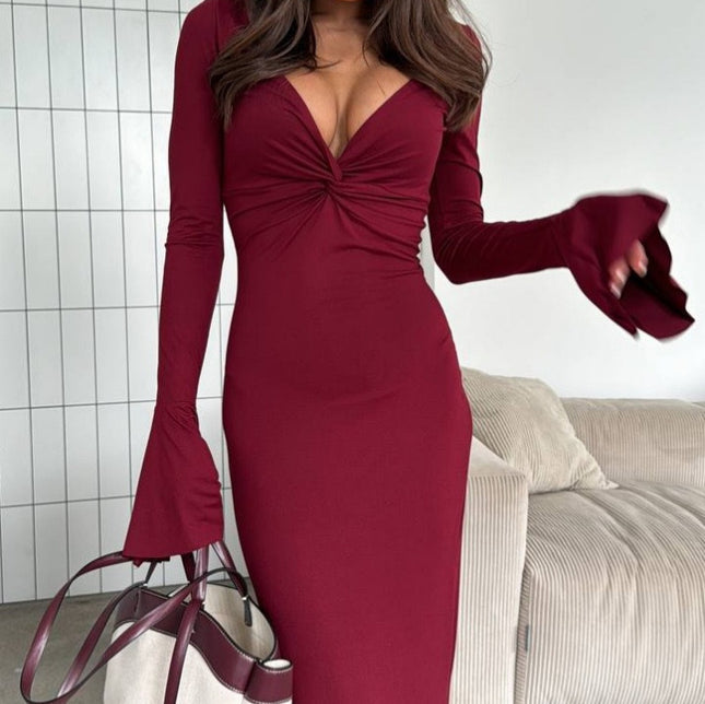 V-neck Elegant Ins Ruffle Sleeve Long Sleeve Summer Dress
