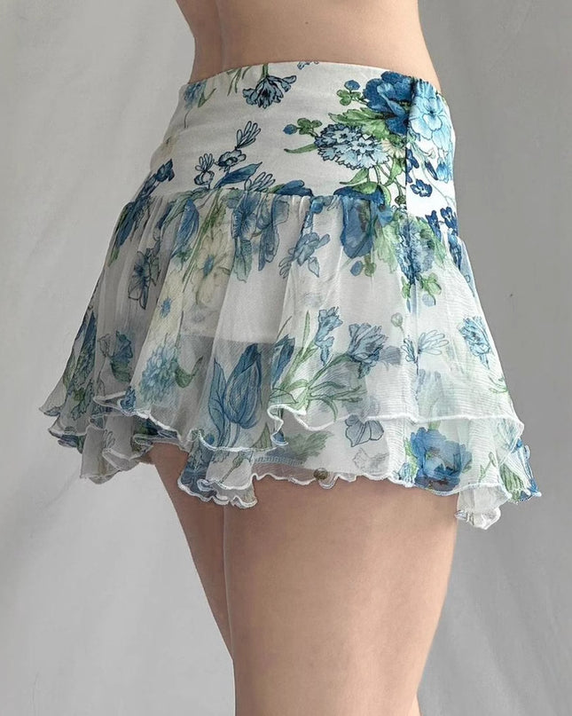 American Street Style Mesh Floral Print Irregular Skirt