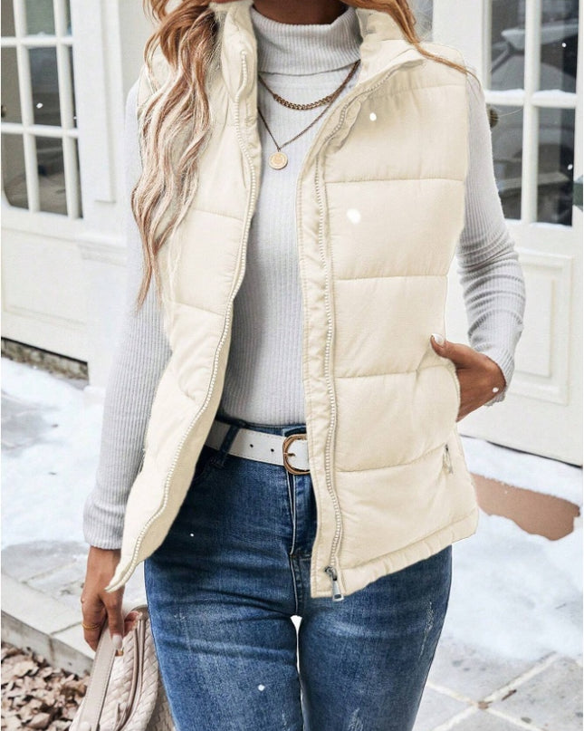 Women's Casual Zipper Closure Stand Collar Padded Padded Puffer Vest