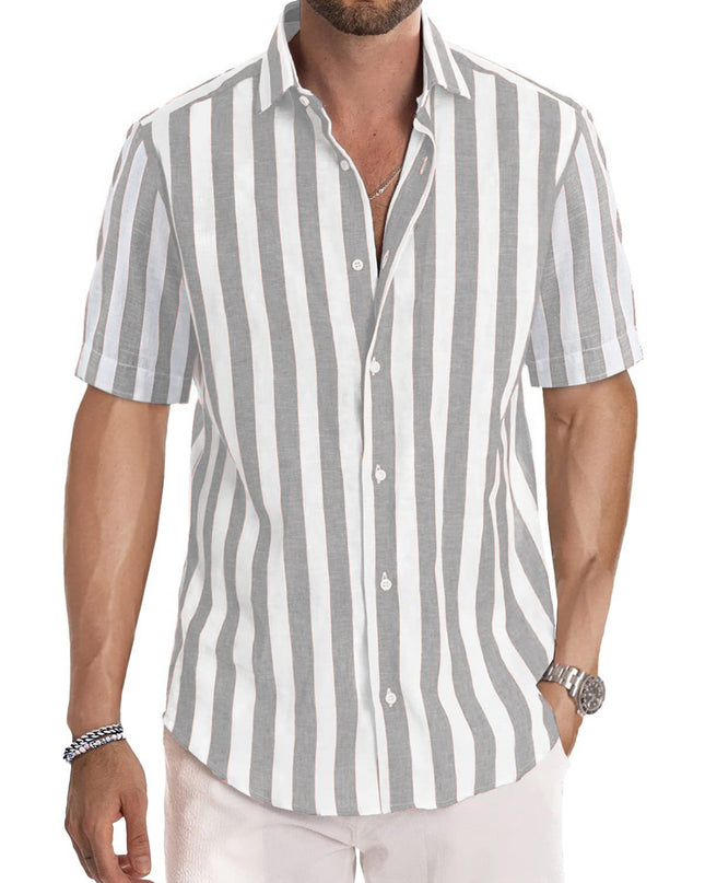 Summer European And American Men's Beach Casual Sports Yarn-dyed Striped Short-sleeved Lapel Shirt